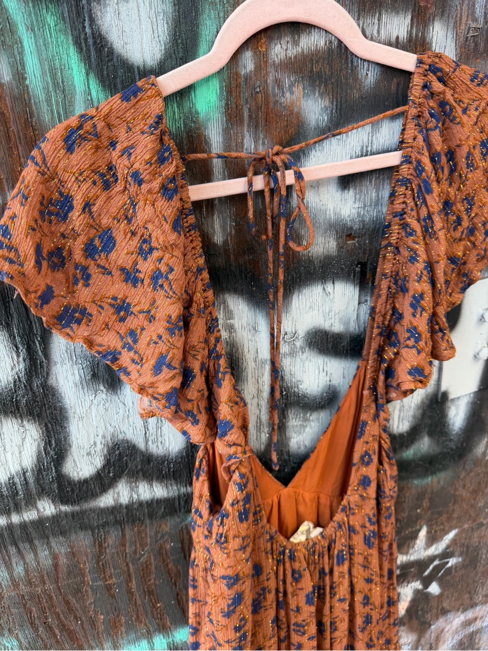 Jen’s Pirate Booty Rust Floral Maxi Boho Dress with Deep V-Neck OBO Glitter Gold - Picture 8 of 13